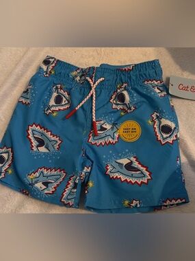 Cat & Jack Blue Shark Print Boys Swim Trunks 3T